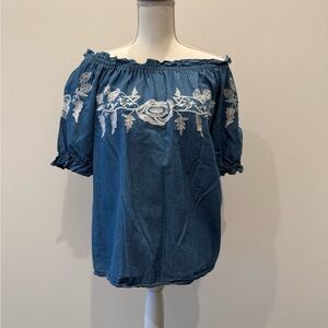 Main Strip Blue denim  Off-Shoulder Blouse with White Floral Embroidery